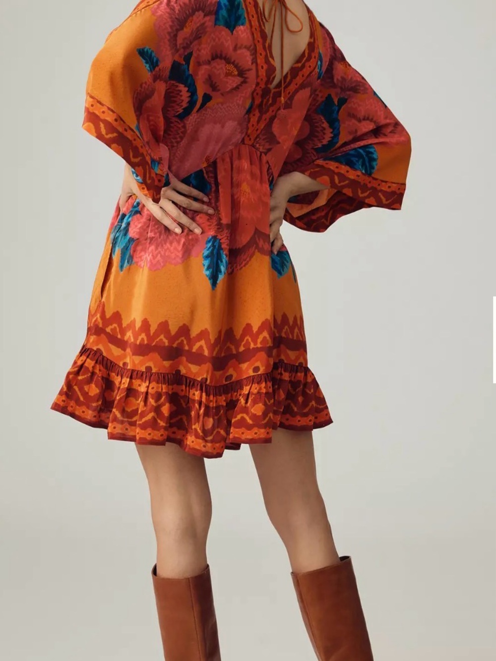 FARM Rio Orange, Red and Teal Floral V-Neck Mini Dress - Picture 2 of 6